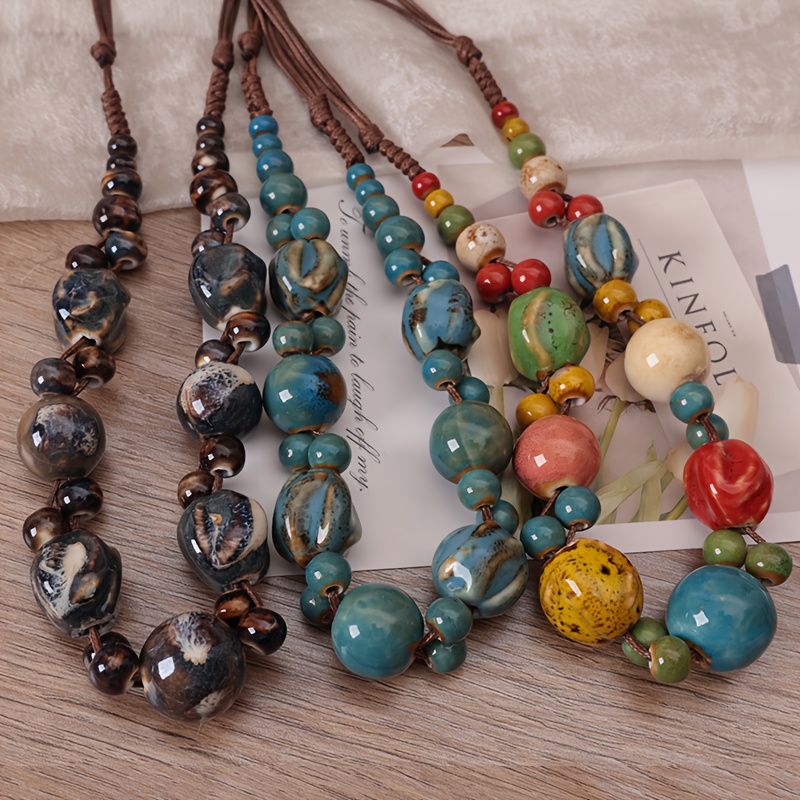 Ethnic Fashion Style - Colar Ajustável de Contas de Cerâmica